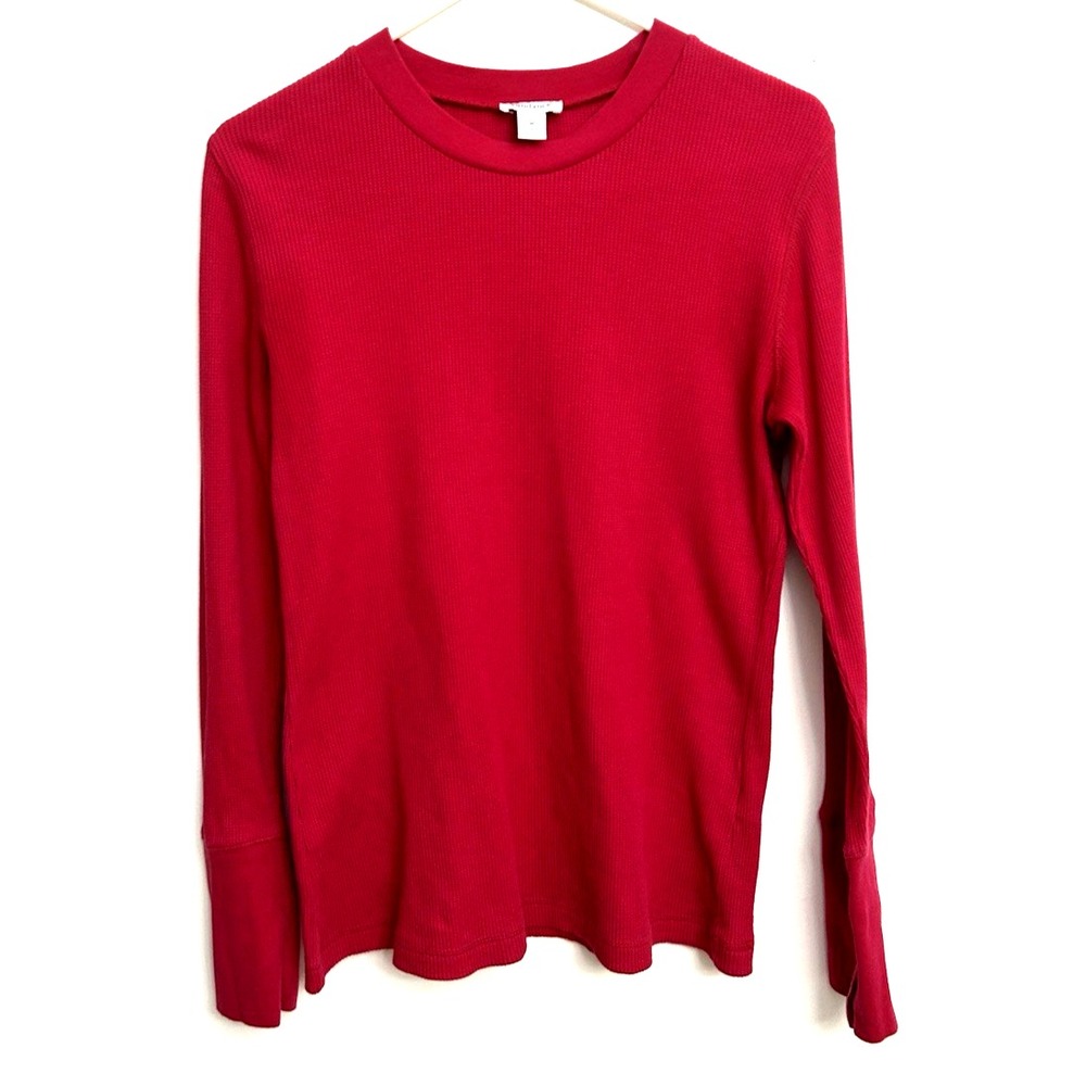 Sundance Waffle Knit L/S Top Women's Sz M Raspberry Red Velvet & Button Cuff